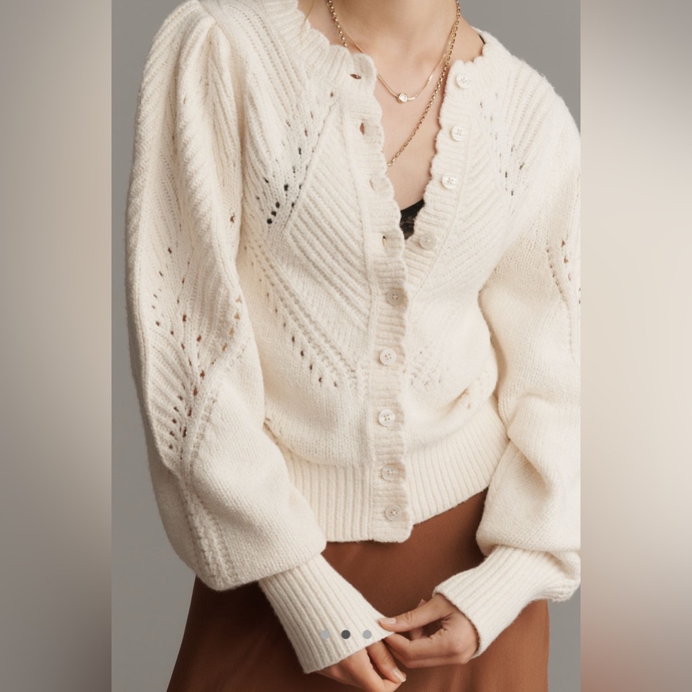 By Anthropologie Pointelle Scalloped Cardigan Sweater in Ivory - Picture 1 of 5